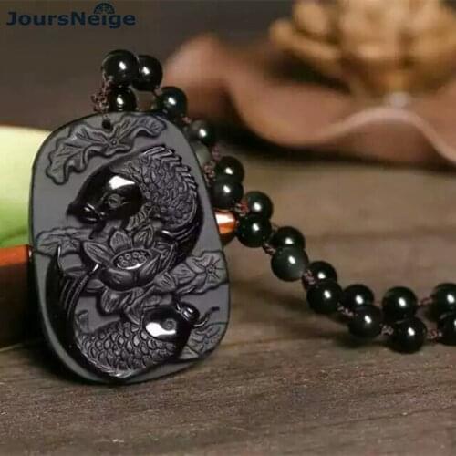 Wholesale Fine Carved Scrub Black Natural Obsidian Pendant Double Fish Pendants Necklace Blessing Lucky for Men Women Crystal