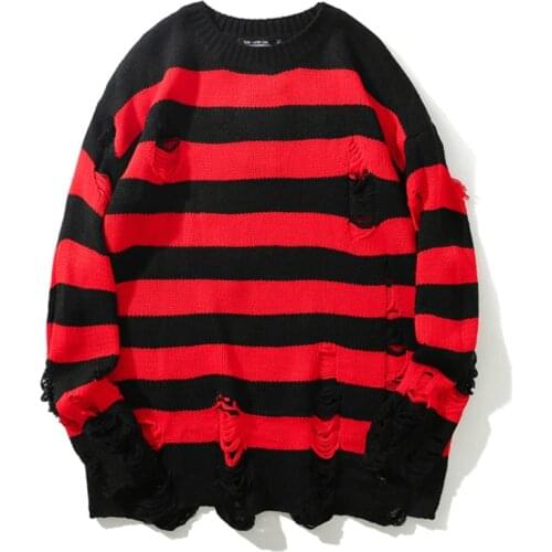 Autumn Mens Hip Hop Pullovers Harajuku Red Black Striped Knitted Destroy Hole Sweater Streetwear Male Fashion Pullover Sweaters