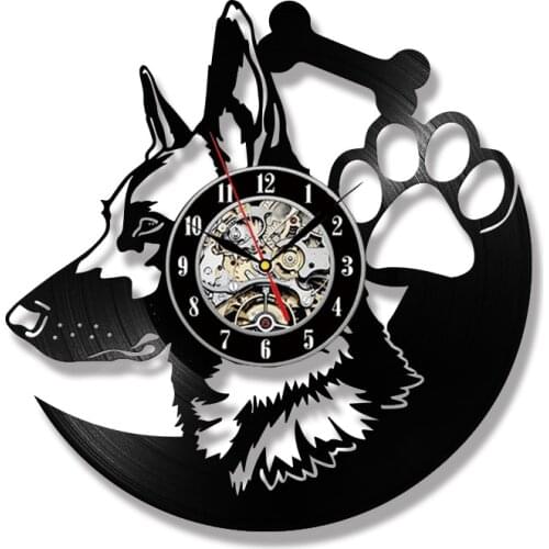 German Shepherd Dog Record Clocks Farmhouse Large LED Wall Clock Modern Design Non Ticking Lighting Amimal Silhouette Home Decor