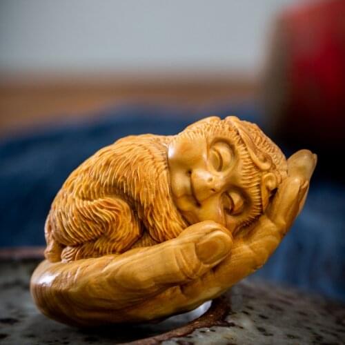 Boxwood 7cm Myth Little Wukong Collection Wood Carving Sculpture Feng Shui Animal Monkey Buddha&Hand Statue Home Decor