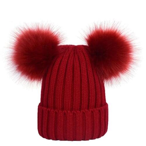 2020 Winter Fashion Women Solid Color Thick Hats Mother Child Double Fur Pompoms Hat Parent-child Knitted Skullies Beanies Caps
