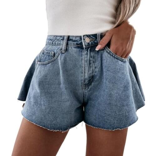 Casual Shorts Women Summer High Waist Wide Leg Slim Denim Shorts Blue Multi Pockets Button Elegant Office Lady Jean Shorts