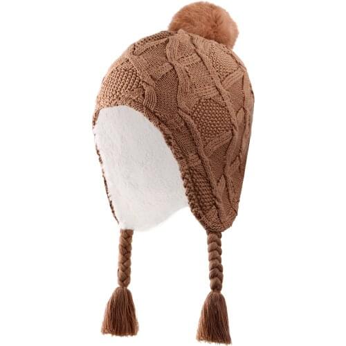 Connectyle Toddler Boys Girls Cute Cotton Winter Hat Soft Sherpa Lined Knit Kids Hats with Earflap Cable Beanie Cap With Pom-Pom