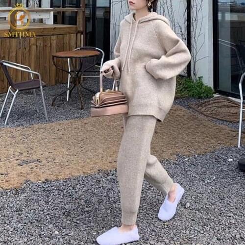 SMTHMA 2021 New Fashion 2 Pieces Set Women Loose Knitted Tracksuit Hooded Sweater + Elastic High Waist Pants Suit
