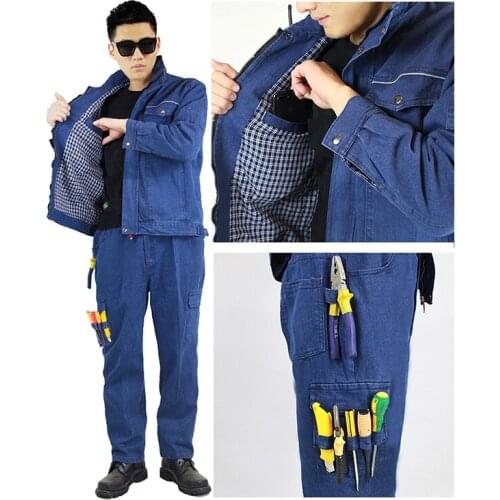100% Cotton Reflective Welding Denim Work Clothing Men Women Anti-Scald Sparking Uniform Safety Repair Durable Workshop Coverall