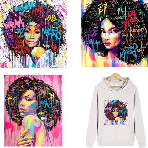 Iron On Patches Afric Black Girls Printed On Womens T-shirt Decal Thermal Stickers Graffiti Style Heat Transfer DIY Parches New