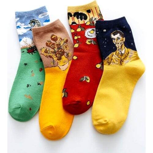 Street Fashion Van Gogh Sunflower Funny Winter Retro Oil Paint Female Cotton Socks Warm Short Art Abstract Happy Women Socks