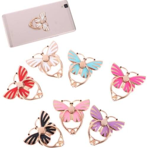 Universal 360 Cute Cartoon Butterfly Rhinestone Finger Ring Stent Mobile phone holder stand for iphone Samsung For Huawei Xiaomi