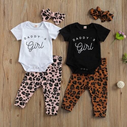 Wallarenear 0-18M Newborn Baby Girl 3Pcs Clothing Set Short Sleeveless Letter Dady Romper Top Leopard Pant 2 Styles