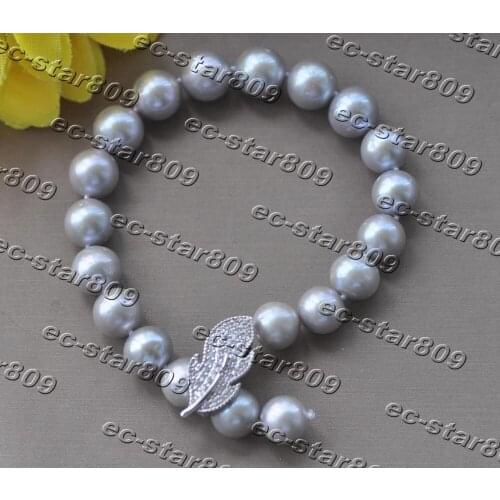 Z11344 6"~8" 11mm Round Gray Freshwater Pearl Bracelet Leaves CZ Women Fine Jewelry