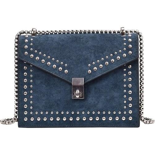Women Brand Designer Punk Style Mini Chain Handbag Fashion Rivets Embellish Scrub Leather Shoulder Bag