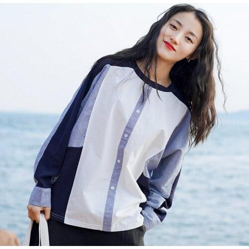 2021 spring new O-neck stitching long-sleeved t-shirt female Korean fashion pullover loose art Patchwork