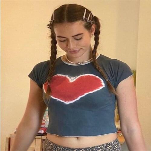 Women Casual Close-fitting Crop Tops Summer Short Sleeve Heart Printed Pattern Round Collar T-shirt Tees Tube Tops 2021 Ladies