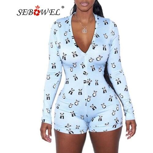 SEBOWEL Sexy Deep V Print Short/Long Sleeve Button Siamese Shorts Playsuits for Women Summer Skinny Pattern Jumpsuit Rompers