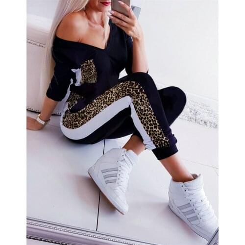 Women Leopard Print Jumpsuits Tracksuit 2020 Patchwork V-Neck Long Sleeve Suit With Pockets Streetwear Jumpsuits