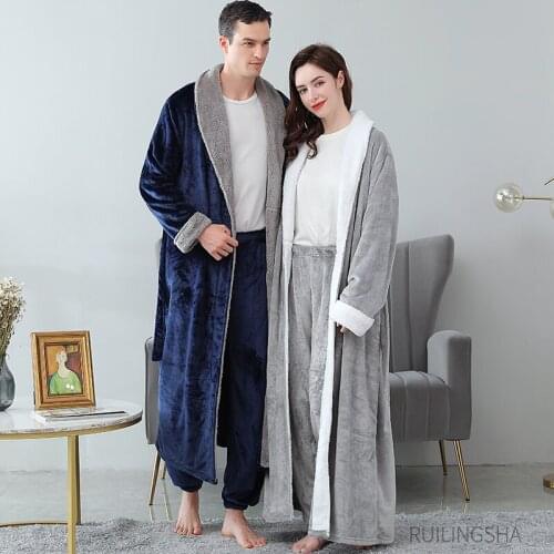 Women Winter Extra Long Warm Flannel Sleep Tops Bathrobe + Pant Plus Size Coral Fleece Pajamas Set Men Sleepwear Robe Gown Sets