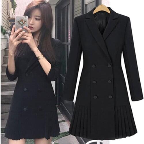 Double Breasted Blazer Dress 2020 Spring Autumn Women Elegant Long Sleeve Notched Pleated Mini Dress Suit Office Work Outerwear