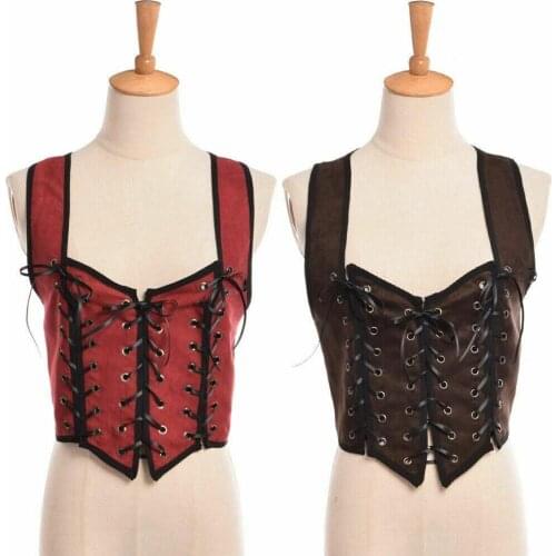 Women Renaissance Medieval Waistcoat Bodice Tops Halloween Reversible Costume Pirate Fair Wench Corset Lace Up Vest