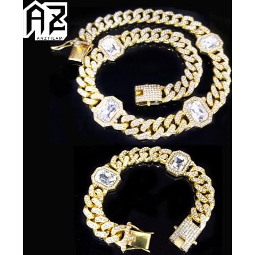 12MM Iced Out Big Diamond Cuban Link Chain Bracelets Necklace Sets Hip Hop Miami Link Choker Set For Women Men Hip Hop Jewelry