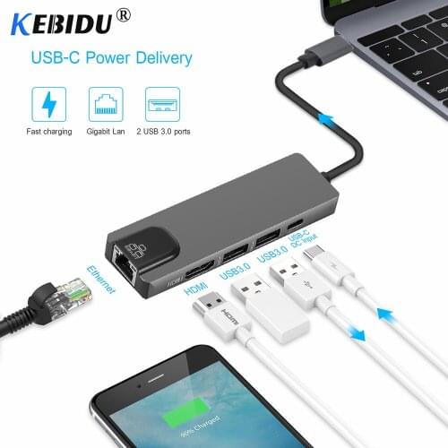 5 In 1 USB Type C Hub 4K Type C To Gigabit Ethernet Rj45 Lan Adapter HDMI-compatible For Macbook Pro Thunderbolt 3 USB-C Charger