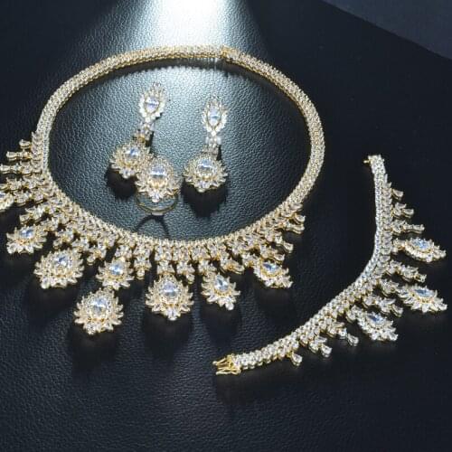Be 8 omantic Trendy Set Jewelry Flower Design Water Drop CZ Wedding Jewelry Sets For Brides Gold-color Jewelry S355
