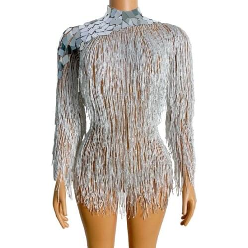 Flashing Mirror Shoulder Silver Fringes Outfit Leotard Birthday Celebrate Costume Dancer Tassels Bodysuit Stage Wear