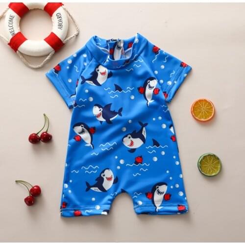 Newborn Infant Baby Boys One Piece Swimsuit Swimwear Short Sleeve Cartoon Printed Zipper Bathing Beachwear 0-3 Years