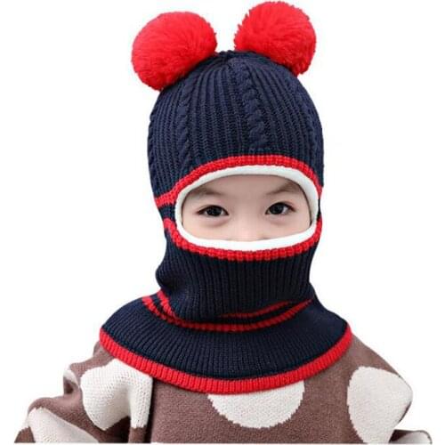 Doitbest Baby Hat New Winter Warm Pompom Hats Windproof Plus Velvet Childrens Knit One-pieces Earmuff Hat Double Ball Ears