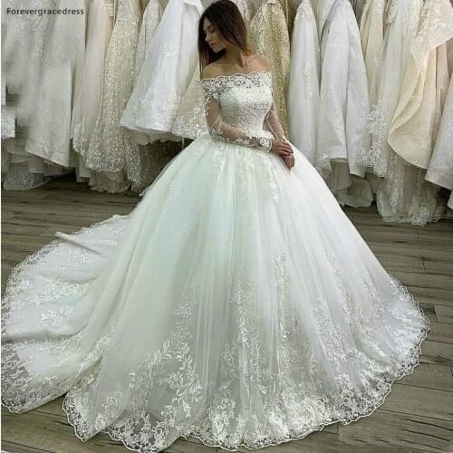 Dubai Saudi Arabia Ball Gown Wedding Dresses Luxury Off The Shoulder Long Sleeves Lace Bride Gowns Plus Size Available