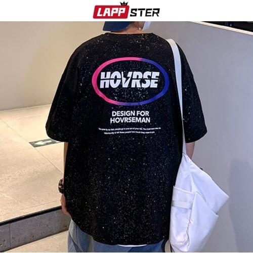 LAPPSTER Men Streetwear Glitter Korean Oversized T Shirts 2021 Summer Mens Fashions Harajuku Printed T-Shirts Male Vintage Tees