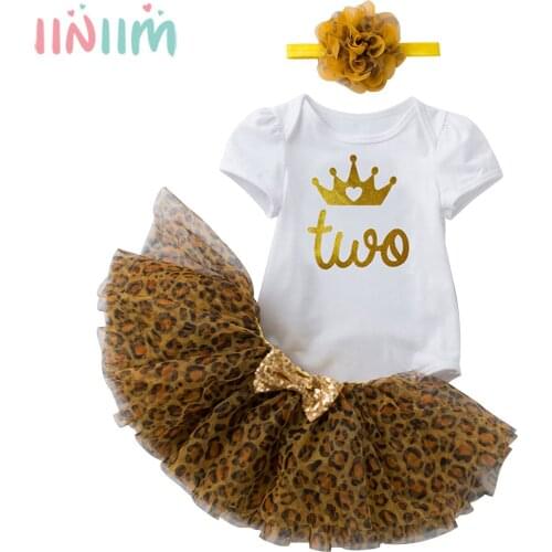 Baby Girls 1st 2nd Birthday Princess Outfit Party Clothing Short Sleeve Romper Tops with Leopard Mesh Tutu Skirt Baby Clothing