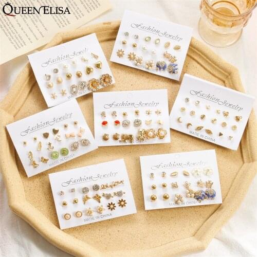 QUEEN ELISA Pearl Stud Earrings Set for Women Girl Korean Cute Flowers Earrings Gothic Jewelry 2021 New Wholesale 9PCS