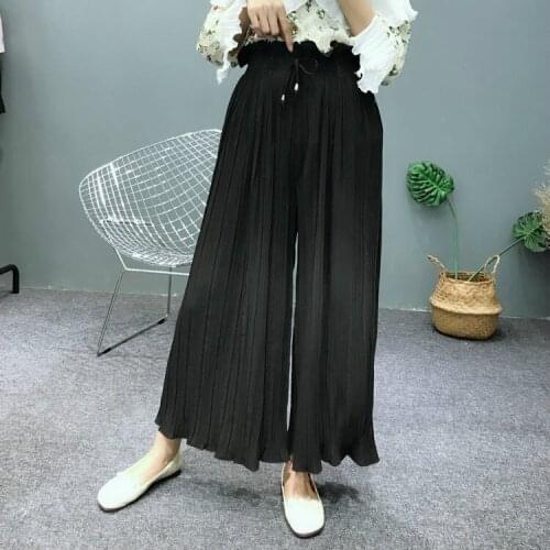 Summer Girls Pleated Chiffon Wide Leg Black Stretch Pants High Waist Streetwear Women Loose Elastic Trousers Female Skirt Pants