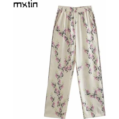 MXTIN 2021 Women Spring Vintage Floral Print Straight Pants Fashion Elastic Waist Fly Side Pockets England Style Casual Trousers