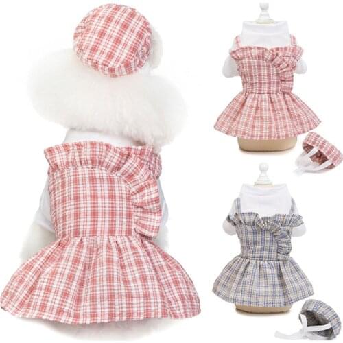 New Pet Clothes Summer Sweet Puppy Dog Princess Dress Thin Cotton Plaid Small Dog Dress with Cap Chihuahua Skirt Cat Clothing