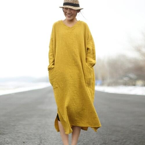 NINI WONDERLAND Autumn Cotton Linen Big Size Dress 2021 Spring Women V Neck Loose Robe Dress Female Long Sleeve Vintage Dresses
