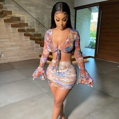 Beach Printed Bandage Two Piece Set Women Skirt and Flare Long Sleeve Crop Top Set Summer Club Elastic Bodycon Matching Sets