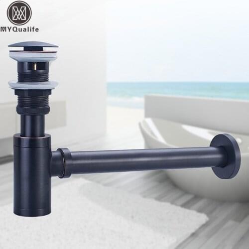 Luxury Brass Round Siphon Blackened Bronze P-TRAP Bathroom Vanity Basin Pipe Waste Copper Pop Up Drain