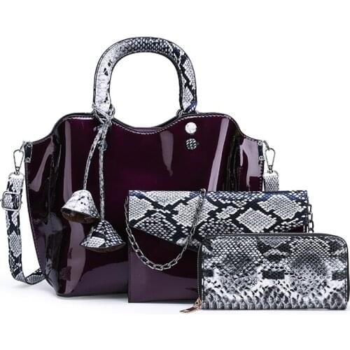 Luxury Patent Leather Handbags 3pcs Women Serpentine Tote Snake Bag Set Shoulder Bag Purse Fashion Female Bags 4 Colors
