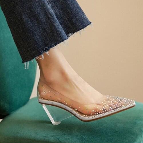 Rhinestone Transparent Shoes Women High Heels Fashion Pointed Toe Clear Heel Ladies Shoes Sexy High Heel