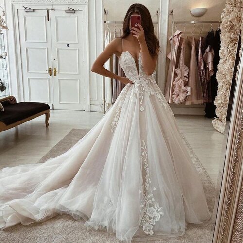 KapokDressy A-Line Wedding Dresses Boho V-Neck Appliqued Lace Bridal Gowns Spaghetti Straps Tulle Beach Princess Party Dress