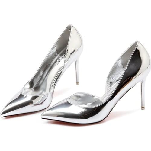 High Heels 2018 Spring Summer Pointed Thin Patent Leather Shoes Shallow Mouth Annual Meeting Silver Single Shoes Sandals