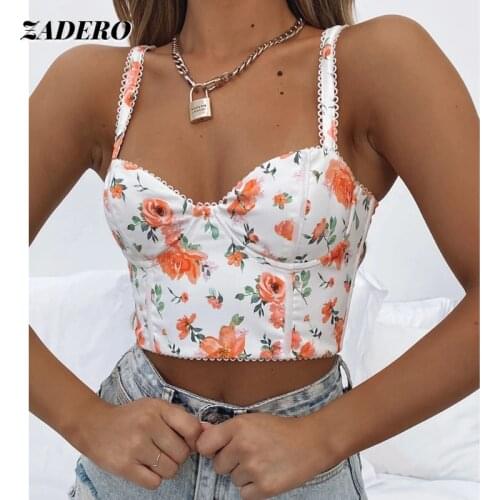 Crop Tank Tops Women Sexy Bustier Tops Sleeveless Backless Floral Print Zip Back Summer Chic Straps Low Cut Corset Tops Casual