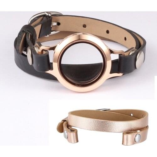 URSJEWELRY 316L Stainless Steel 25mm Screw locket living memory Locket floating lockets with Genuine Leather Bracelet