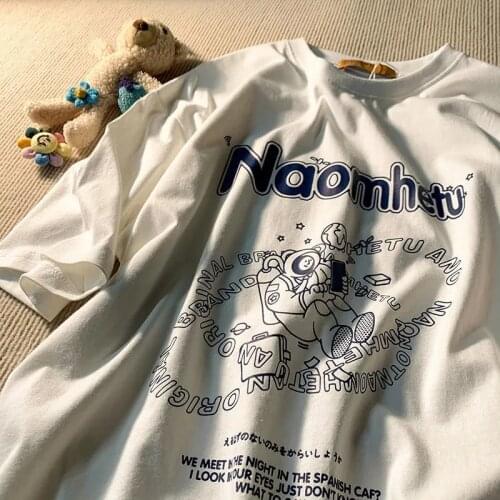 Retro Punk Oversized T Shirt Harajuku Astronaut Planet Letter Cartoon Short Sleeve T-shirt Female Summer O-neck y2k Streetwear