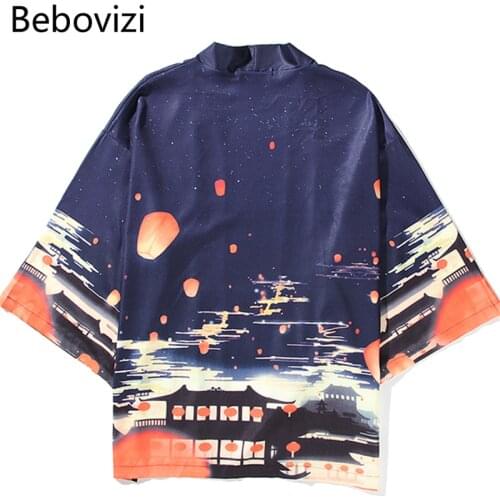 Bebovizi Japanese Vintage Ukiyo-e Cardigan Kimono 2020 Harajuku Women Men Blue Yukata Streetwear Traditional Shirt Jacket Coat