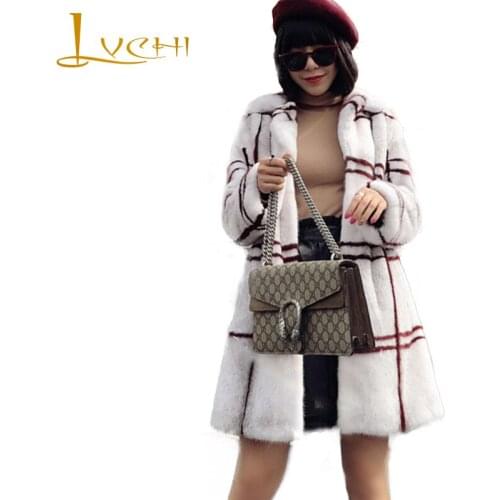 LVCHI Winter 2019 Female Long Sleeve Elegant Real Mink Fur Coats Womens Causal Striped Slim Suit Collar Causal Slim Long Coats