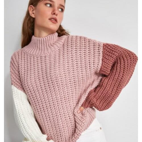 2020 Winter Women Turtleneck Stand Collar Pink Dried Rose White Striped Block Knitted Thick Oversize Casual Sweater Cotton