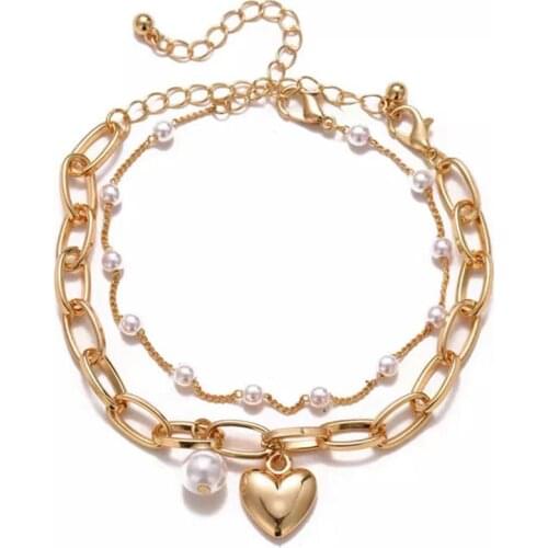 Gold Color Punk Vintage Simulated Pearl Metal Link Chain Bracelet Fashion Portrait Coin Charm Bracelet for Women