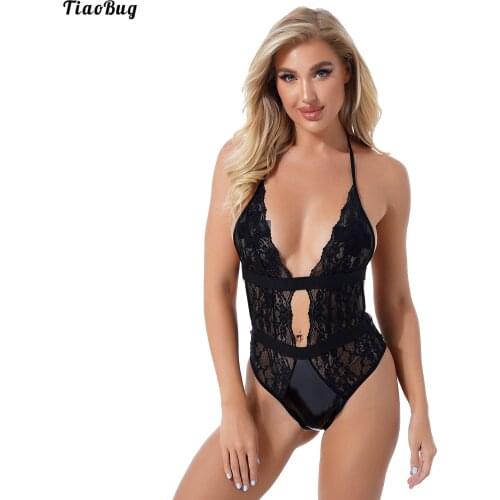 TiaoBug Women Halter Lace-Up High Cut Lingerie Bodysuit Nightwear Patent Leather Patchwork See-through Lace Leotard Catsuit